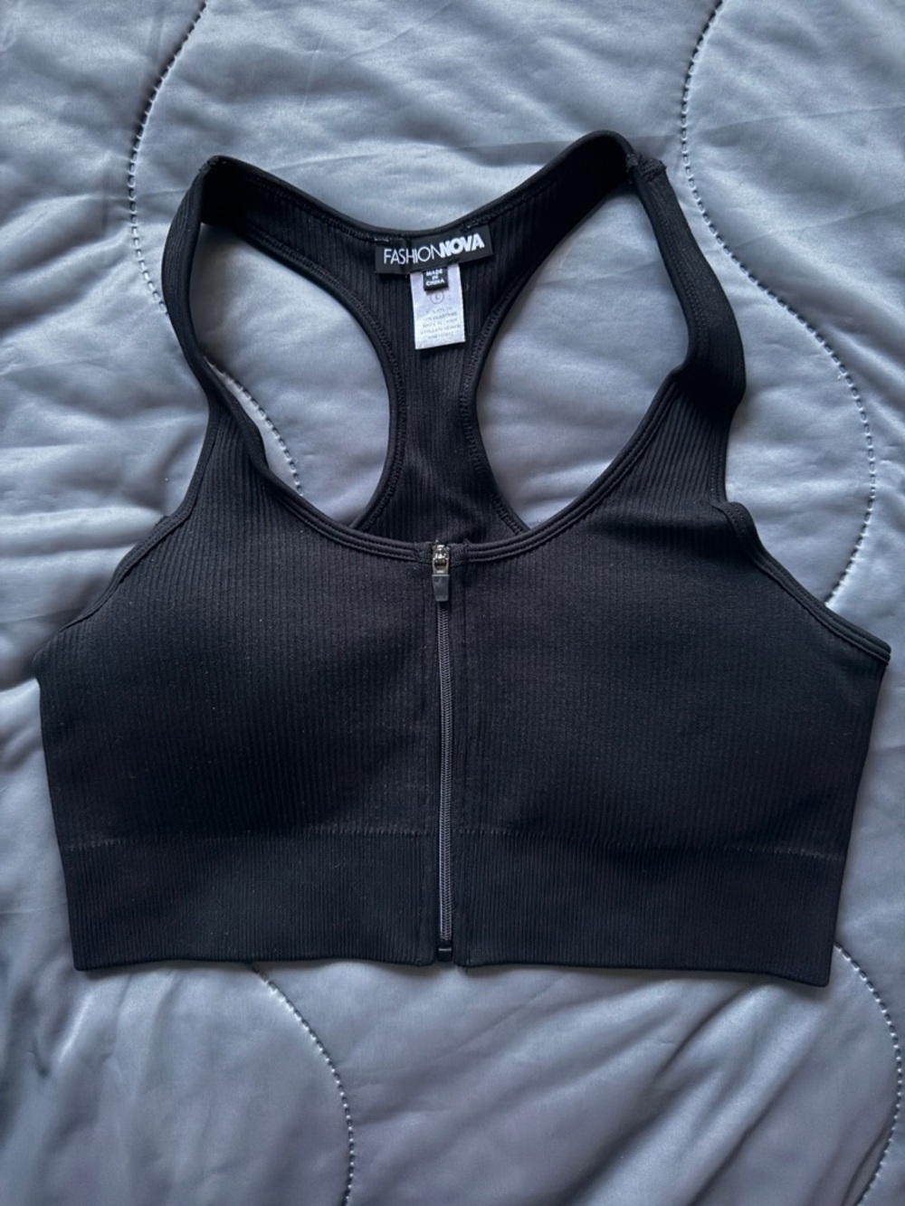 Fashion Nova Black Ribbed Front Zip Racerback Sports Bra Top